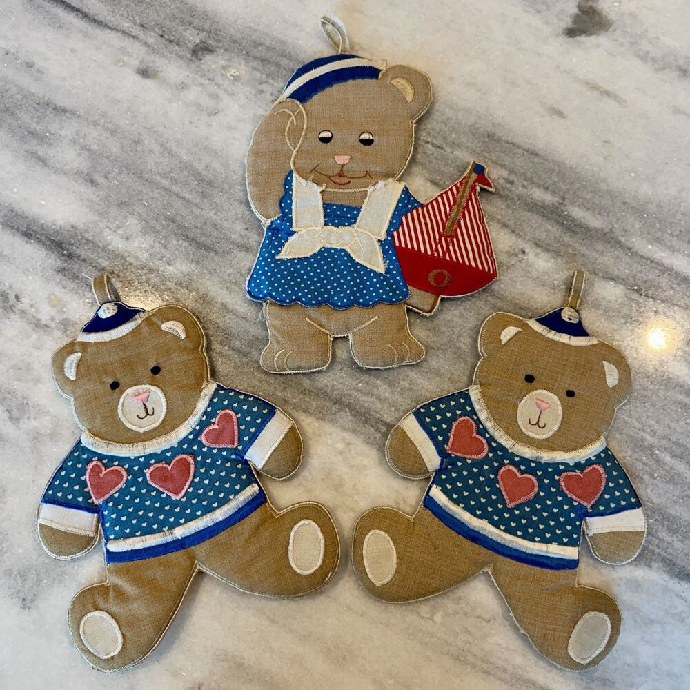 Set Of 3 Vintage Teddy Bear Fabric Wall Hangings Or Hot Pads/Pot Holders